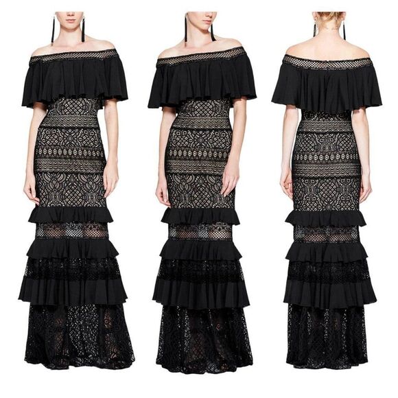 NEW Tadashi Shoji Alexia Lace Off The Shoulder Ruffle Gown Dress Black 10